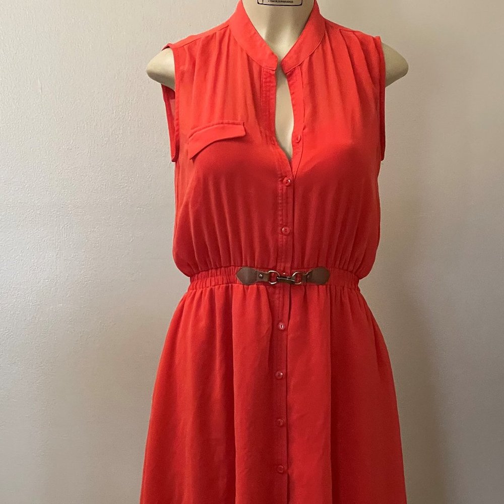 Shirt Dress, Women's Lined Medium Orange Sleeveless with V Neck, Knee-Length Hem